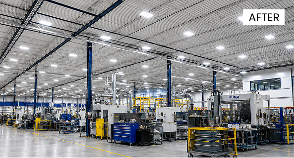 After: The Gund Company Fergus facility with new high-efficiency LED lighting