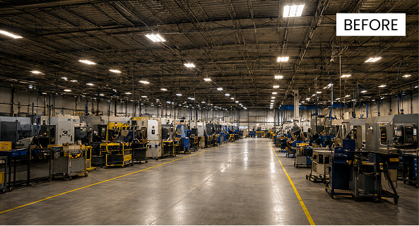 Before: The Gund Company Fergus facility with original fluorescent lighting